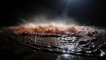 ai gerado brilhando chama reflete em água, criando uma hipnotizante noite panorama gerado de ai foto