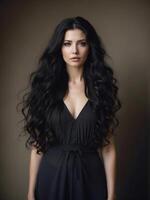 ai gerado lindo mulher com longo, ondulado cabelo vestindo uma Preto vestir foto