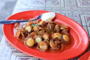 tumis kerang salsicha padrão, mexer fritar mexilhão com picante molho foto