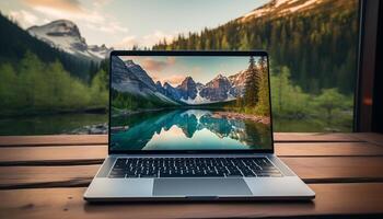 ai gerado computador computador portátil em mesa, natureza beleza refletido dentro montanha panorama gerado de ai foto