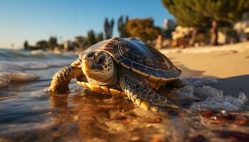 ai gerado tartaruga rasteja em areia, lento e bonitinho, desfrutando verão gerado de ai foto