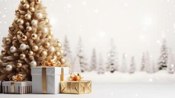 ai gerado festivo Natal árvore e branco presentes em uma branco fundo foto