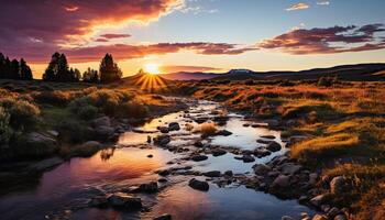 ai gerado tranquilo cena pôr do sol reflete em majestoso montanha, sereno água, e Relva gerado de ai foto