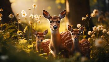 ai gerado fofa veado dentro Prado, olhando às Câmera, cercado de natureza gerado de ai foto