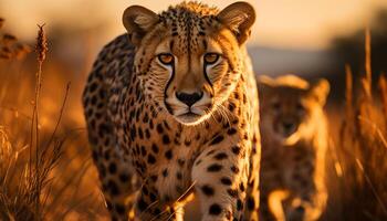 ai gerado guepardo caminhando dentro a savana, majestoso beleza dentro natureza gerado de ai foto