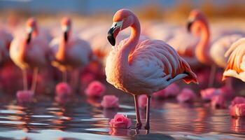 ai gerado uma vibrante grupo do multi colori pássaros vadear dentro uma tropical lagoa gerado de ai foto