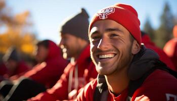 ai gerado sorridente homens ao ar livre, alegre jovem adultos vinculo dentro inverno amizade gerado de ai foto