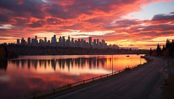 ai gerado cidade Horizonte reflete dentro água às pôr do sol gerado de ai foto