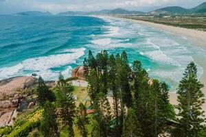 joaquina de praia com sempre-verde árvores e atlântico oceano com ondas dentro brasil. aéreo Visão foto
