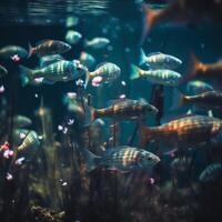ai gerado uma grupo do peixe natação dentro a aquário foto