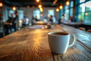 ai gerado copo do café em a mesa dentro a escritório dentro a fundo com escritório trabalhadores. foto