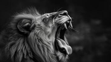 ai gerado Preto e branco leão bocejando com cheio dentes mostrar. foto
