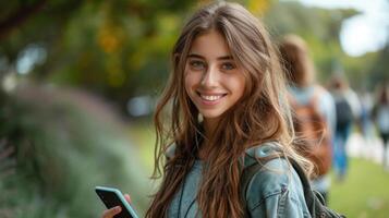 ai gerado caucasiano adolescente menina sorridente com telefone em campus andar. foto
