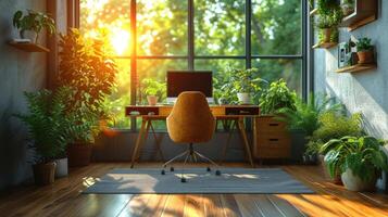 ai gerado brilhante moderno casa escritório com plantas e natural claro. foto