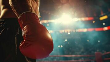 ai gerado fechar-se boxer pronto dentro anel com vermelho boxe luvas. foto