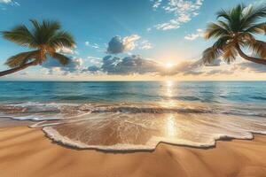 ai gerado lindo tropical pôr do sol em oceano de praia profissional fotografia foto