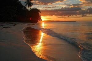 ai gerado lindo tropical pôr do sol em oceano de praia profissional fotografia foto