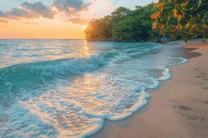 ai gerado lindo tropical pôr do sol em oceano de praia profissional fotografia foto