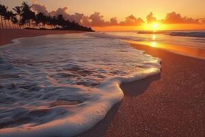 ai gerado lindo tropical pôr do sol em oceano de praia profissional fotografia foto