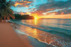 ai gerado lindo tropical pôr do sol em oceano de praia profissional fotografia foto