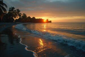 ai gerado lindo tropical pôr do sol em oceano de praia profissional fotografia foto