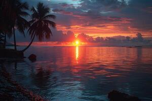 ai gerado lindo tropical pôr do sol em oceano de praia profissional fotografia foto