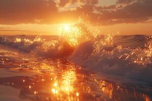 ai gerado lindo tropical pôr do sol em oceano de praia profissional fotografia foto