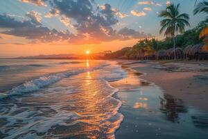 ai gerado lindo tropical pôr do sol em oceano de praia profissional fotografia foto