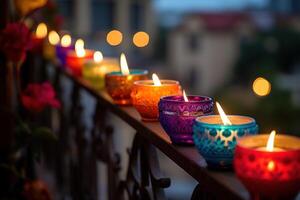ai gerado sacada com queimando velas e de outros decorações em uma brilhante bokeh fundo foto