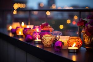 ai gerado sacada com queimando velas e de outros decorações em uma brilhante bokeh fundo foto