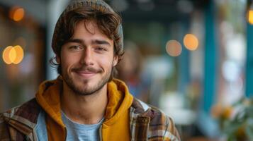 ai gerado jovem homem em pé em azul fundo segurando computador portátil e olhando às Câmera com feliz sorriso, isolado a partir de a fundo foto