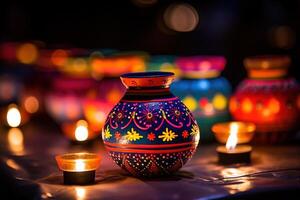 ai gerado colorida argila diya lâmpadas aceso durante diwali celebração foto