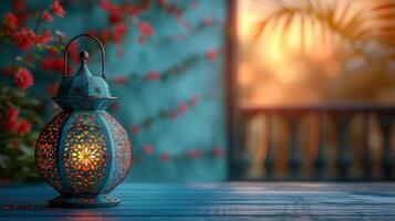 ai gerado durante Ramadã e eid al fitr dentro 2024, isto fundo vai característica a tradicional turco lanterna luz luminária e tasbih, uma azul cor iftar tema imagem, e uma 3d fundo apresentando foto