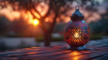 ai gerado a islâmico piedosos mês do Ramadã kareem - uma lanterna com uma queimando vela iluminador a tarde céu foto