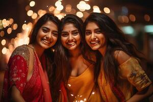 ai gerado jovem lindo indiano mulheres às a diwali celebração foto