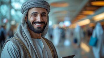 ai gerado a sorridente jovem meio Oriental homem de negocios detém uma tábua computador Como ele espera para a voar para quadro, cópia de espaço. foto