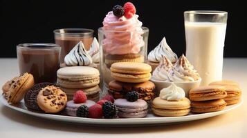 ai gerado uma fechar-se do doces e sobremesas a partir de uma padaria, isolado em uma branco fundo. fechar-se do maçã torta, chocolate lasca biscoitos, creme sopro, vermelho veludo bolo, bolos de copo. conceito do padaria foto