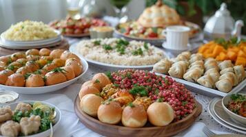 ai gerado tradicional árabe iftar festa mesa decorado para Ramadã kareem foto