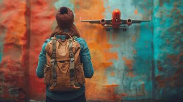 ai gerado a mochila tem a avião em uma colori fundo. mundo turismo dia tema. foto