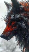 ai gerado uma impressionante obra de arte apresentando uma Lobo com intenso vermelho e Preto pelagem, Está olhar piercing no meio uma Nevado panorama. foto