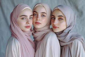 ai gerado três jovem mulheres dentro hijab poses para uma foto dentro a estilo do luz Rosa e luz cinzento