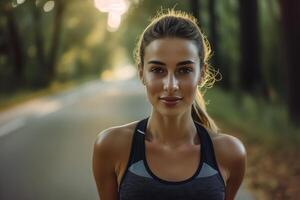 ai gerado uma senhora dentro roupa de esporte a partir de manhã alongar para ao ar livre corre foto