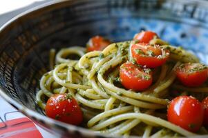 ai gerado siciliano sabores ocupado massa com pesto alla trapanês dentro vibrante configuração foto