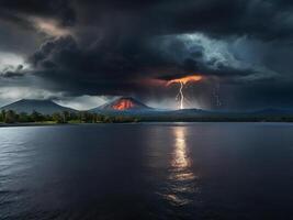 ai gerado uma tempestade sobre uma lago com uma Sombrio céu e uma vulcão dentro a fundo. livre baixar foto