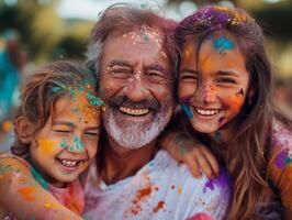 ai gerado alegre família momentos às holi cor celebrações foto