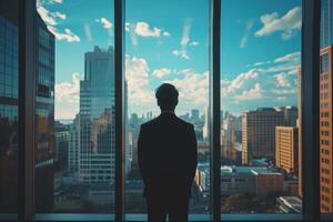 ai gerado homem de negocios contemplando paisagem urbana a partir de arranha-céus construção foto