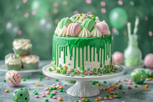 ai gerado st. patrick's dia temático bolo e sobremesas com festivo decorações foto