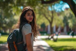 ai gerado Faculdade menina dentro uma casual ainda à moda equipamento com uma mochila pendurado sobre 1 ombro foto