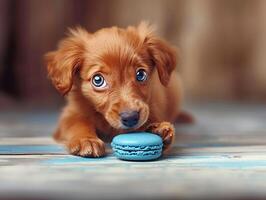 ai gerado ruiva pequeno cachorrinho e Macarrão biscoitos em a chão foto