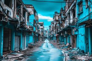 ai gerado abandonado arruinado cidade rua com velho casas foto